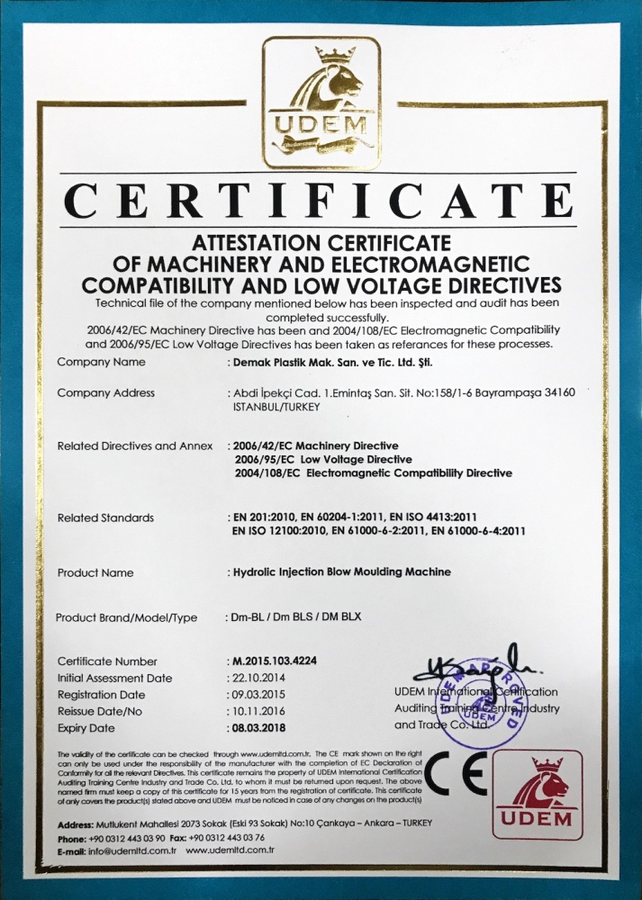Attestation Certificate of Machinery and Electromagnetic Compatibility and Low Voltage Directives